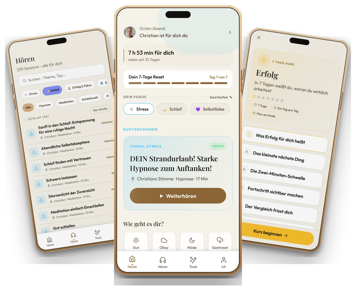 Mein Bestes ICH App &mdash; Startbildschirm, Sessionliste und 7-Tage-Kurs